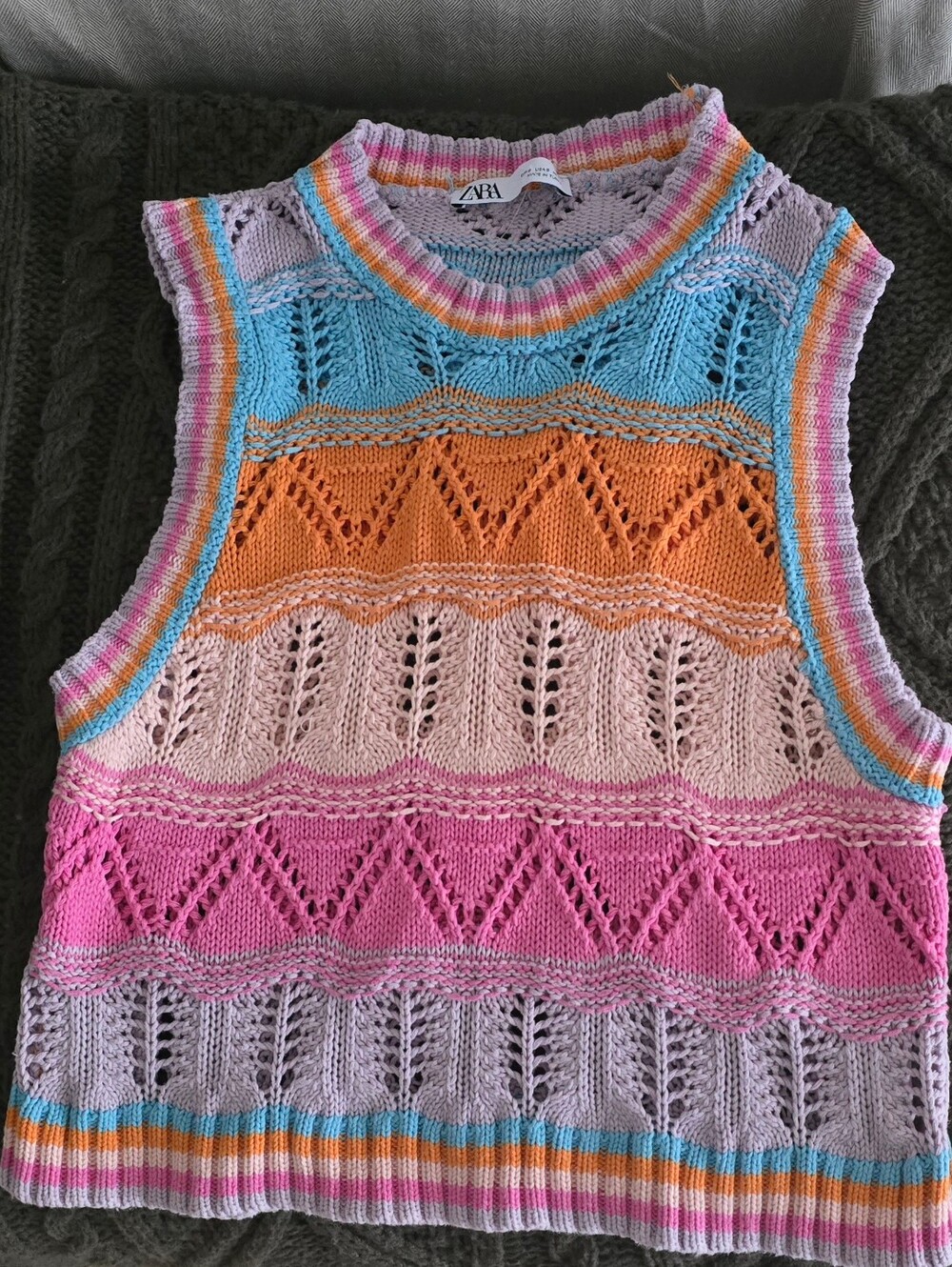 ZARA Multicolor Striped Open-Knit Sleeveless Sweater Vest